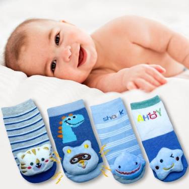 Imagem de Kit 4 Pares Meia Bebê Menino Antiderrapante Pelúcia Chocalho - Rupee, 