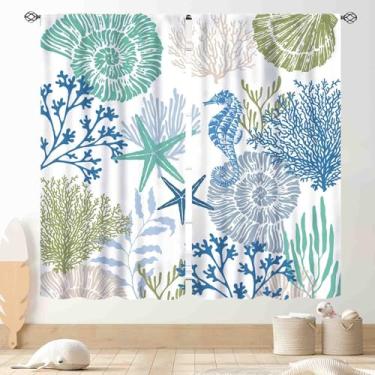 Imagem de Cortinas costeiras, estrela do mar verde náutica, coral, cavalo-marinho, concha, tema de praia, tropical, verão, janela, cortina, tratamentos para quarto, sala de estar, cozinha, banheiro, 2 painéis