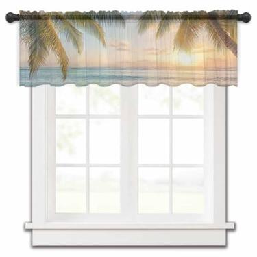Imagem de Cortina transparente litorânea azul bege para janelas de cozinha, verão praia pôr do sol cenário realista, tratamentos de janela de chiffon, bolso para varão, saia curta para sala de estar, banheiro
