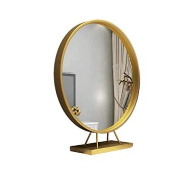 Imagem de WYUYIWH Espelho de maquiagem grande em latão nórdico dourado criativo redondo para quarto espelho de mesa de barbeiro (tamanho: P)