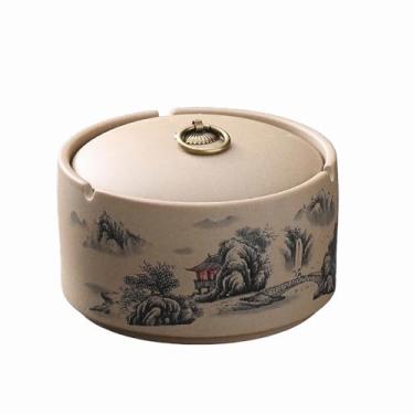 Imagem de Cinzeiros de mesa de cerâmica retro cinzeiro vintage de mesa com tampa à prova de vento clássica redonda para fumar para uso doméstico escritório ornamentos (tamanho: E)