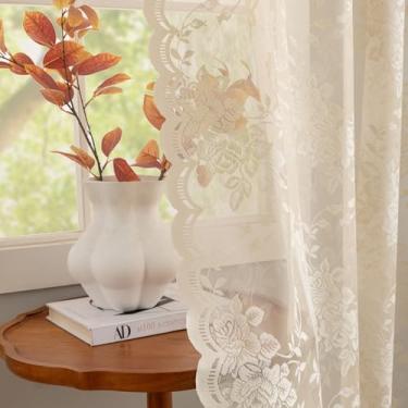 Imagem de Cortinas de renda bege 160 cm de comprimento, 2 painéis, painéis de cortina translúcidos florais rústicas com bordas recortadas, bolso para haste, cortinas de crochê francesas para quarto, sala de