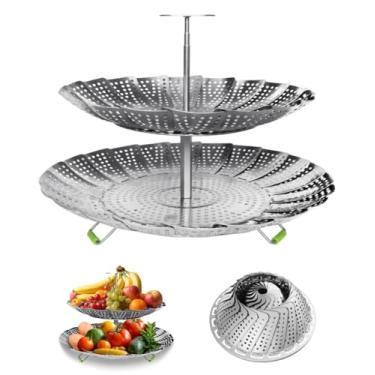 Imagem de LANVIYA cesta de vaporizador de vegetais, vaporizador de alimentos de grande capacidade de 2 camadas para cozinhar, vaporizadores expansíveis dobráveis ​​de aço inoxidável para caber em pane
