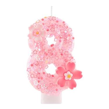 Imagem de Hongplus Vela de aniversário número 8 rosa flor de cerejeira, vela de aniversário de 7 cm fofa brilhante feliz aniversário com bandeja e bastão para meninas 8 velas para 8 aniversários, ideal para