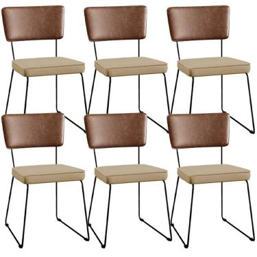 Imagem de Kit 06 Cadeiras L02 Couríssimo Marrom Linho Bege Escuro