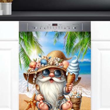 Imagem de Capa de imã de máquina de lavar louça de gnomo fofo de verão bonito gnomo frontal decoração reutilizável capa de porta magnética painel decalque eletrodomésticos adesivos geladeira cozinha 58 x 66 cm