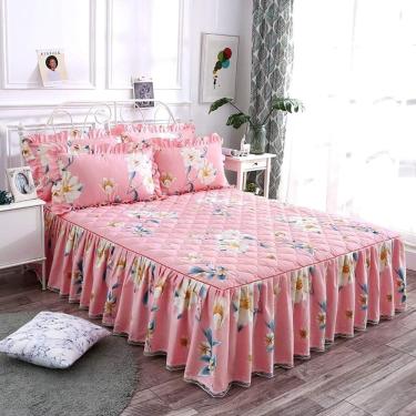 Imagem de Conjunto De 3 Peças Colchas, Saia De Lençol Acolchoado Acolchoado, Colchas De Babados De Renda Lençol Fronha Flor Colcha Elástica Com Babados Casa Decorar Capa De Colchão Rou, D, 180 * 200cm