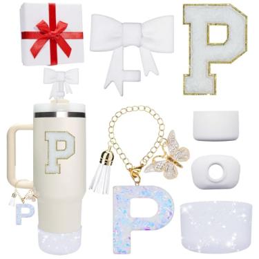 Imagem de Miglaja Acessórios rosa para Stanley Cup 850.5 g 1,134.0 g, todos os acessórios caixa de presente contêm topo de palha de flor, bota de silicone, adesivos de letras e pingentes, conjunto de tampa de