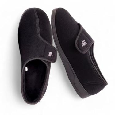Imagem de Chinelo ajustável de espuma de memória 80-D masculino da EuropeanSoftest com fecho confortável de fleece de pelúcia artrite de edema e fecho ajustável para uso doméstico, respirável, lavável à máquina em ambientes internos/externos com sola antiderrapante, Preto, 7-8