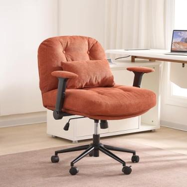 Imagem de Cadeira cruzada com apoio de braço ajustável e rodas trancáveis - Cadeiras de escritório com pernas cruzadas com assento largo, encosto tufado, travesseiro para estudo de vaidade em casa, laranja