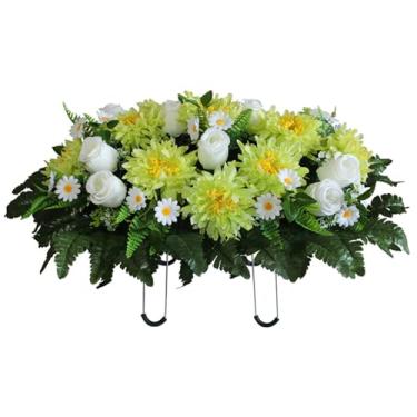 Imagem de Flores de sepultura para cemitério flores artificiais cemitério realista com sela de seda crisântemo 64 x 47 cm memorial decorativo, verde, para grav