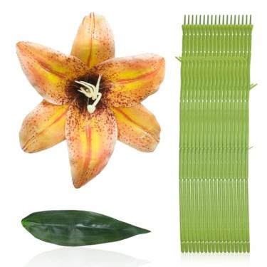 Imagem de Quninet 18 cabeças falsas de lírio de 15 cm, lírio de tigre, flores artificiais, lírios falsos, cabeças de flores com haste longa e fita de flores para buquês de casamento, festa em casa, decoração de