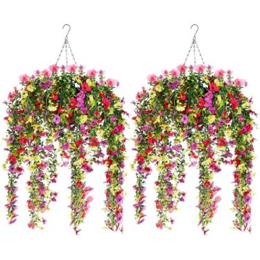 Imagem de Giegxin 2 conjuntos de flores artificiais para uso ao ar livre com cesta suspensa, 2 vasos pendurados com 12 peças de flores falsas resistentes a UV para primavera, verão, varanda, jardim, pátio