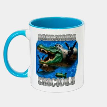 Imagem de Caneca Branca com Alça e Interna Azul de Porcelana 325ml - Italian Brainrot Bombardino Crocodilo Meme