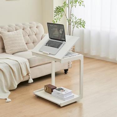 Imagem de MYOTA Mesa lateral, sala de estar, mesa de canto lateral de madeira com rodas, mesa de cabeceira de madeira maciça, bandeja de TV em forma de C, mesas de canto modernas para sofá, escritório, quarto