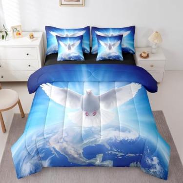 Imagem de Erosebridal Jogo de cama de casal com pomba branca, 7 peças, tema animal, pomba da paz, pássaro, edredom com edredom, planeta da terra