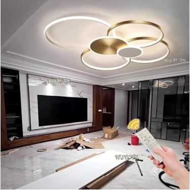 Imagem de Lâmpada De Teto Led Regulável Luz De Teto De Anel Preto Com Controle Remoto Lâmpada De Sala De Estar Moderna Lustre Interno Para Sala De Estar, Quarto, Cozinha, Corredo, Gold, 100cm，93W
