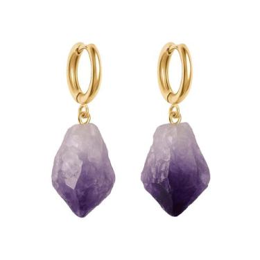 Imagem de Brinco de Argola Ponta de Ametista - Cristal Natural, Banho Ouro 18k