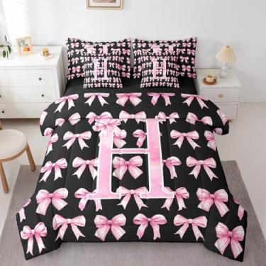 Imagem de Jogo de cama solteiro com letra H 3D com laço coquete rosa e preto, 7 peças, conjunto de colcha com laço e laço bonito com monograma, laço de princesa, conjunto de edredom com lençóis (A)