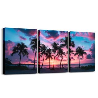 Imagem de Pôsteres de parede de coqueiro para homens Havaí praia céu emoldurado arte de parede cozinha planta tropical pôr do sol escritório banheiro parede decoração de casa, 3 peças