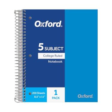 Imagem de Oxford Caderno espiral com 5 matérias, cadernos para escola, capas de plástico, material de volta às aulas, pautado para faculdade, 200 folhas, 1 pacote, azul brilhante (1009294)
