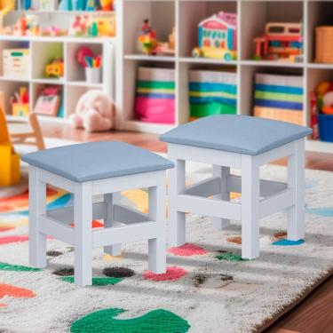 Imagem de Kit 2 Banquinhos Estofados Infantil Branco Com Estofado Azul Nemargi