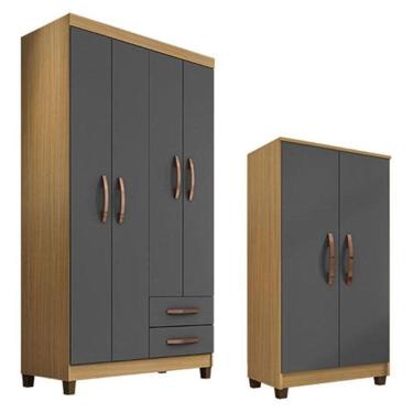 Imagem de Guarda Roupa Solteiro Modena Com 4 Portas E Armário Multiuso Recife Carvalho Americano Grafite – Incorplac
