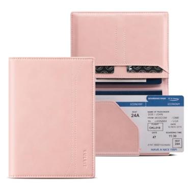 Imagem de VULKIT Suporte de passaporte para viagem, capa de passaporte com bloqueio RFID, carteira de viagem fina para homens e mulheres, Rosa empoeirado, Compact, Minimalista