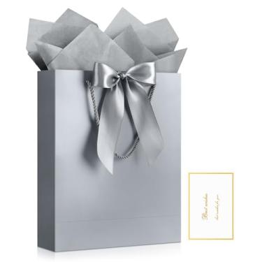 Imagem de JMANNI Bolsa de presente, 1 bolsa de presente grande com fita e 1 cartão de felicitações, 2 lenços de papel, bolsa de presente de papel portátil com alças, sacolas de presente de aniversário, sacolas