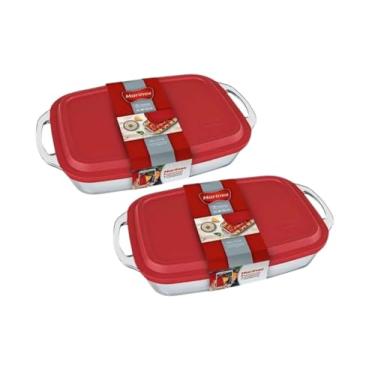 Imagem de Jogo 2 Assadeira Travessa Lasanheira Linha Seletta 3,5lt Com Alça e Com Tampa Marinex