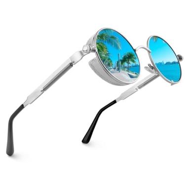 Imagem de Óculos de sol CGID E72 retrô inspirado em estilo Steampunk redondo de metal polarizado para homens e mulheres, B Silver Blue Mirrored, Medium