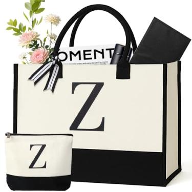 Imagem de GENGBIN Sacola de lona personalizada para mulheres - bolsa de maquiagem, bolsa de praia inicial para viagem, aniversário, professora, mãe, noivas, Branco, One Size