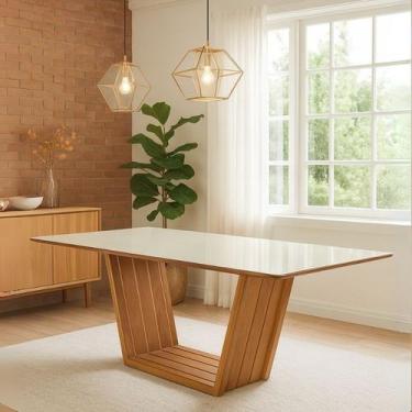 Imagem de Mesa de Jantar Retangular 160x90 Mdf/vidro para 6 Lugares Pés Madeira 