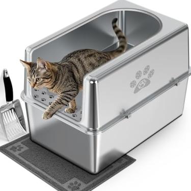 Imagem de PWTAA Caixa de areia para gatos de aço inoxidável fechada com tampa, caixa de areia de metal XL para gatos grandes, vaso sanitário extragrande para gatos com lado alto, antiaderente, antivazamento,