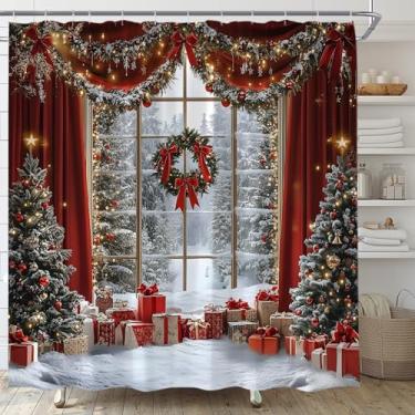 Imagem de ABONAN Cortina de chuveiro de janela de Natal, guirlanda de Natal, árvore de Natal, inverno, floresta, neve, cena, tecido de férias, decoração de cortina de banheiro, conjunto de banheiro com ganchos