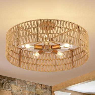 Imagem de CLARSYNE Luminária de teto de vime de vime boho boho de 61 cm, luminária grande de montagem semi-embutida, iluminação rústica para sala de estar, quarto, jantar, ilha de cozinha, corredor, entrada