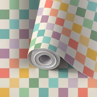 Imagem de Papel de parede autoadesivo de parede quadros quadriculados silenciados vintage kitsch 1950 cores arco-íris papel de contato para locatário papel de parede amigável para cozinha berçário quarto 45 x