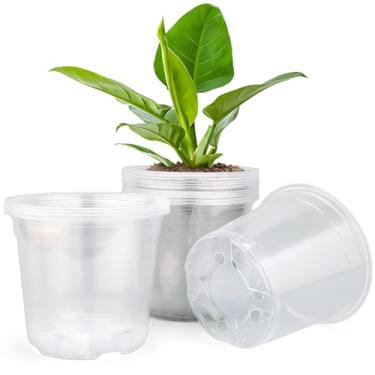 Imagem de DUNPUTE Pacote com 15 vasos transparentes para berçário com orifícios de drenagem, vasos de plantas de plástico de 10 cm, pacote variado transparente, vaso de jardim flexível para ambientes externos e