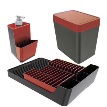 Imagem de Kit Escorredor De Louças + Porta Detergente + Lixeira - Chumbo Crippa,