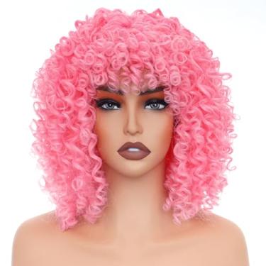 Imagem de PORSMEER Perucas Afro Curly de 35,5 cm, Curtas Soltas e Curtas com Franja para Mulheres Negras, Cabelo Sintético Afro Cachos Anos 70 (Rosa)