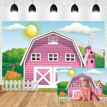 Imagem de 2,1 x 1,5 m fundo rosa celeiro desenho animado rústico casa de fazenda moinho de vento paisagem verde grama sol árvore palheiro chá de bebê decoração de festa de aniversário crianças retrato foto