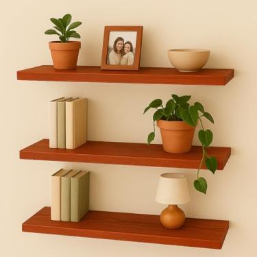 Imagem de Prateleira Flutuante de Madeira com Suporte Invisível, Marrom, Montagem na Parede, Fixação Embutida (Marrom avermelhado, 100cm, 3)