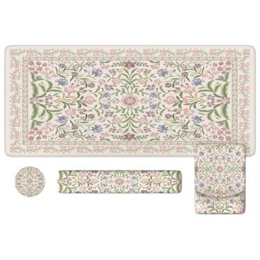 Imagem de iLeadon Conjunto de tapete de mesa roxo, mouse pad macio, suporte de pulso, teclado antifadiga com suporte de pulso, mouse pad floral longo antiderrapante para mesa, tapete de mesa de professor com