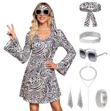 Imagem de Clarisbelle Vestido feminino de Halloween, 7 peças, discoteca, lantejoulas, dança dos anos 70, roupa de fantasia com óculos de sol e faixa de cabeça, Preto B2, M