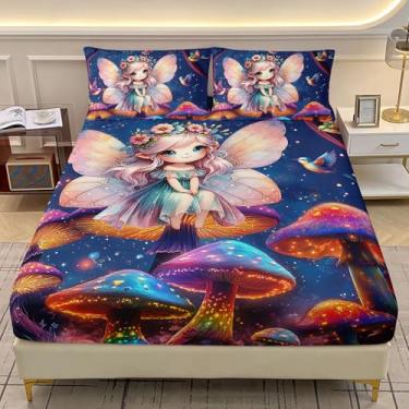 Imagem de AILONEN Jogo de lençol casal lindo de fada de borboleta, cogumelos mágicos e pássaros, para crianças, meninos, meninas, 1 jogo de lençol + 2 fronhas, 3 peças, microfibra macia