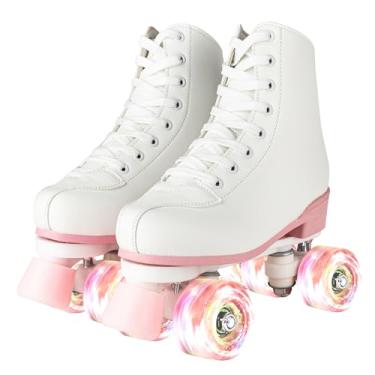 Imagem de Patins clássicos para mulheres e meninas, couro PU, fantástico, roda de flash, patins infantis de 6 a 12 anos para iniciantes para ambientes internos e externos (roda branca e rosa, jovens 4)