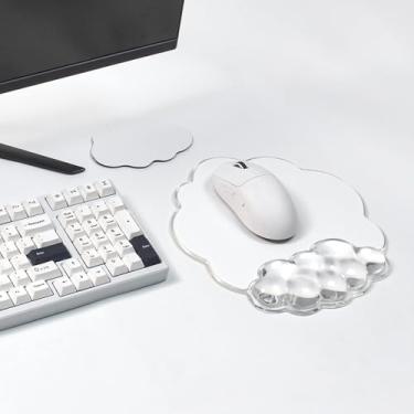 Imagem de Mouse pad nuvem com suporte de pulso em gel – Mouse pad ergonômico transparente com base antiderrapante e porta-copos fofo para teclado de computador digitação alívio da dor/laptop/jogos/casa