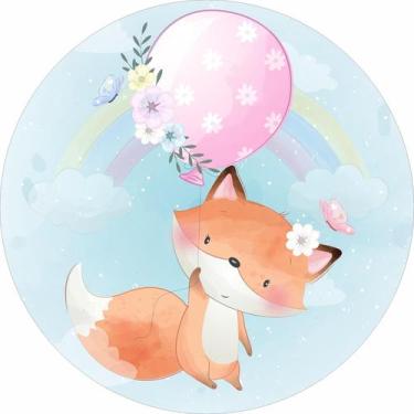 Imagem de Painel de Lona Redondo Raposinha Aquarela Balão Rosa Arco Íris - Fabri