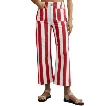 Imagem de Jeans Tankaneo Cropped Listrado para Mulheres, Cintura Alta, Vermelho