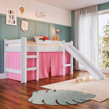 Imagem de Cama Infantil Elevada com Escorregador Branco e Cortina Rosa Completa Móveis